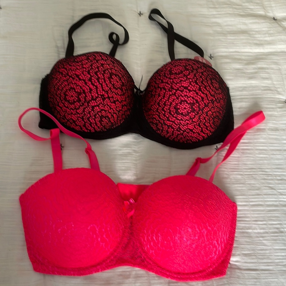 Bras, Love affair, size 38D one is hot, pink, and the other hot, pink, and black